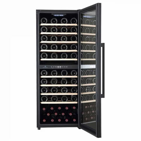 Cavecool Raw Zircon Freestanding 77 Bottles Dual Zone Wine Cooler Door Open