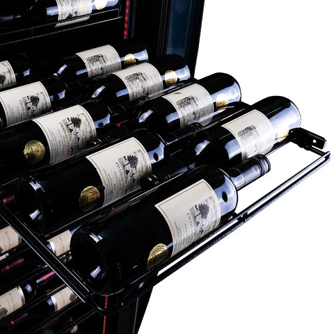 Retractable black metal shelves in Pevino Noble wine cooler