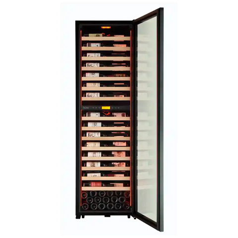 Pevino MS Noble Freestanding Wine Cooler 152 Bottles Dual Zone-Black-Metal Shelves with Wood Front