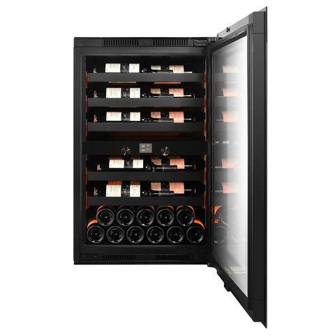 Pevino Imperial wine cooler with dual-zone storage and black glass door