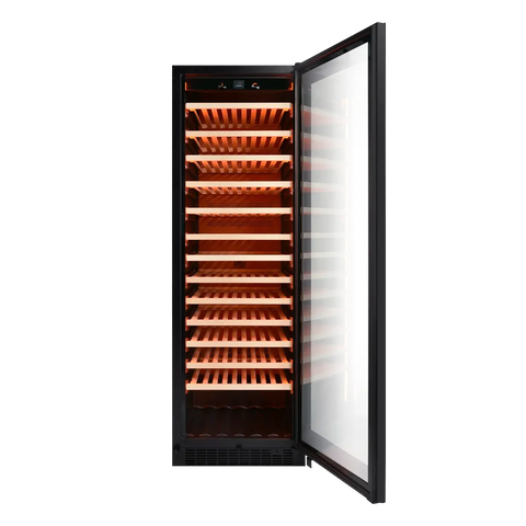 Energy-efficient wine cooler with customizable shelf fronts in beech wood or black aluminium